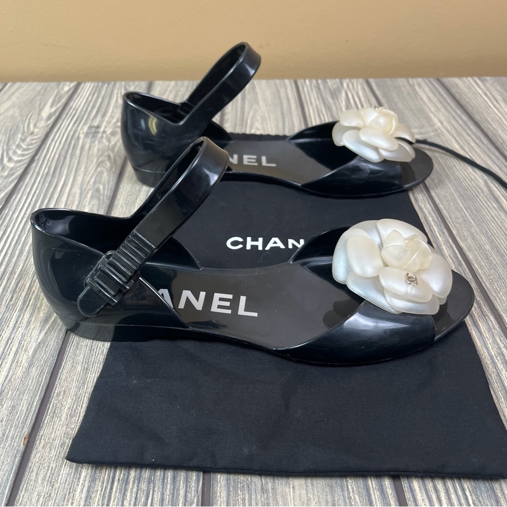 CHANEL Jelly Sandals Camellia Ballet Flats with Strap Size 37 / US 6.5 - Picture 3 of 16